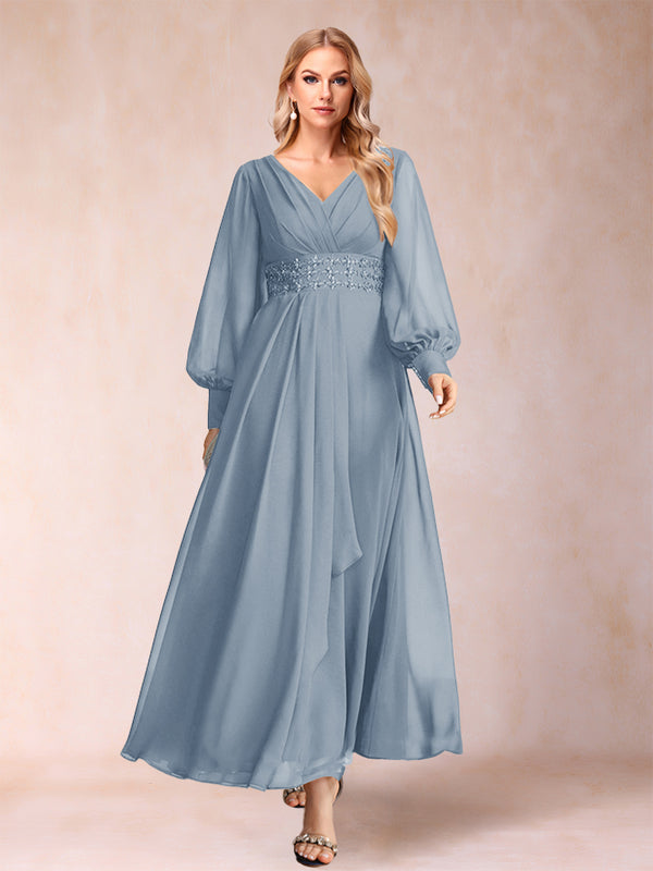 A-Line/Princess V-Neck Long Sleeves Mother of the Bride Dresses with Rhinestone & Ruffles