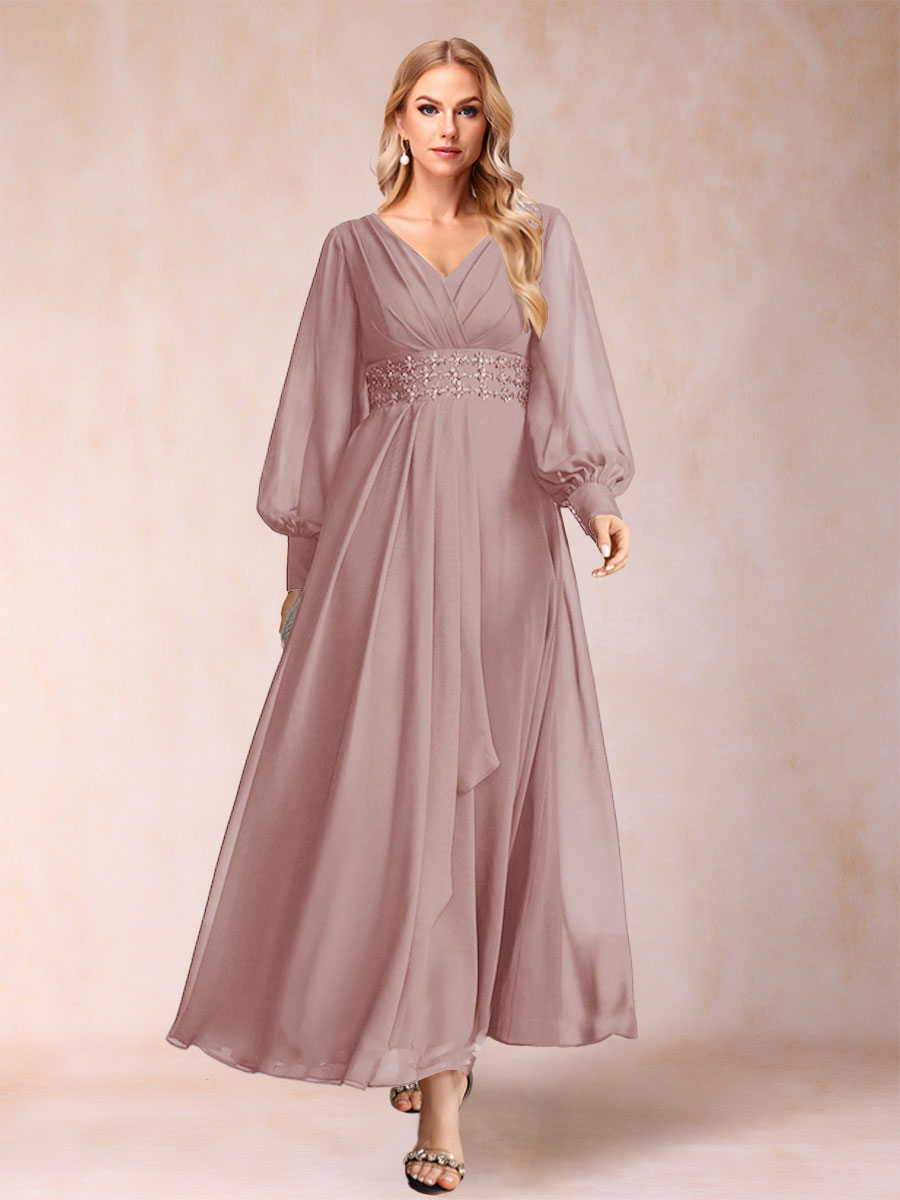 A-Line/Princess V-Neck Long Sleeves Mother of the Bride Dresses with Rhinestone &amp; Ruffles