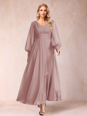 A-Line/Princess V-Neck Long Sleeves Mother of the Bride Dresses with Rhinestone & Ruffles