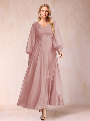 A-Line/Princess V-Neck Long Sleeves Mother of the Bride Dresses with Rhinestone & Ruffles