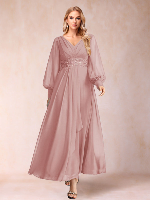 A-Line/Princess V-Neck Long Sleeves Mother of the Bride Dresses with Rhinestone & Ruffles