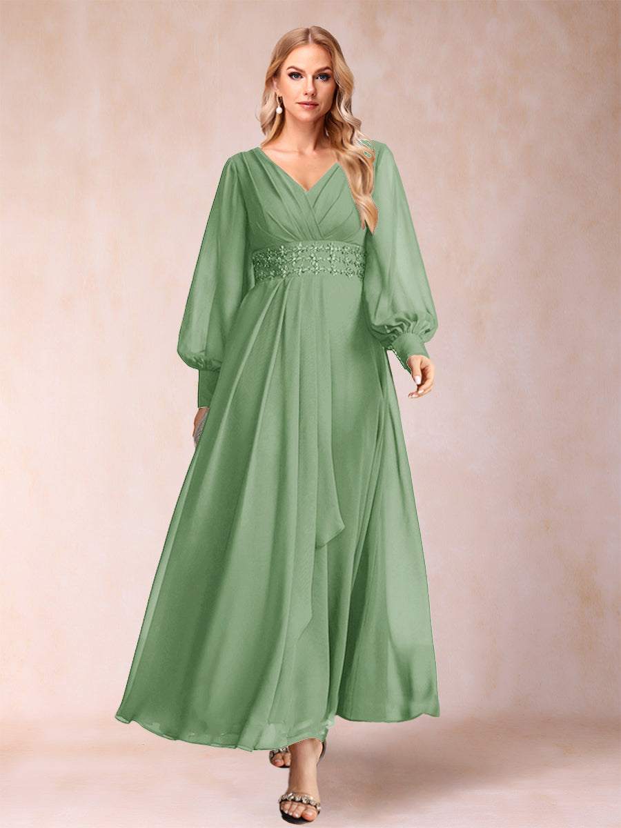 A-Line/Princess V-Neck Long Sleeves Mother of the Bride Dresses with Rhinestone &amp; Ruffles