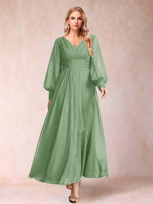 A-Line/Princess V-Neck Long Sleeves Mother of the Bride Dresses with Rhinestone & Ruffles