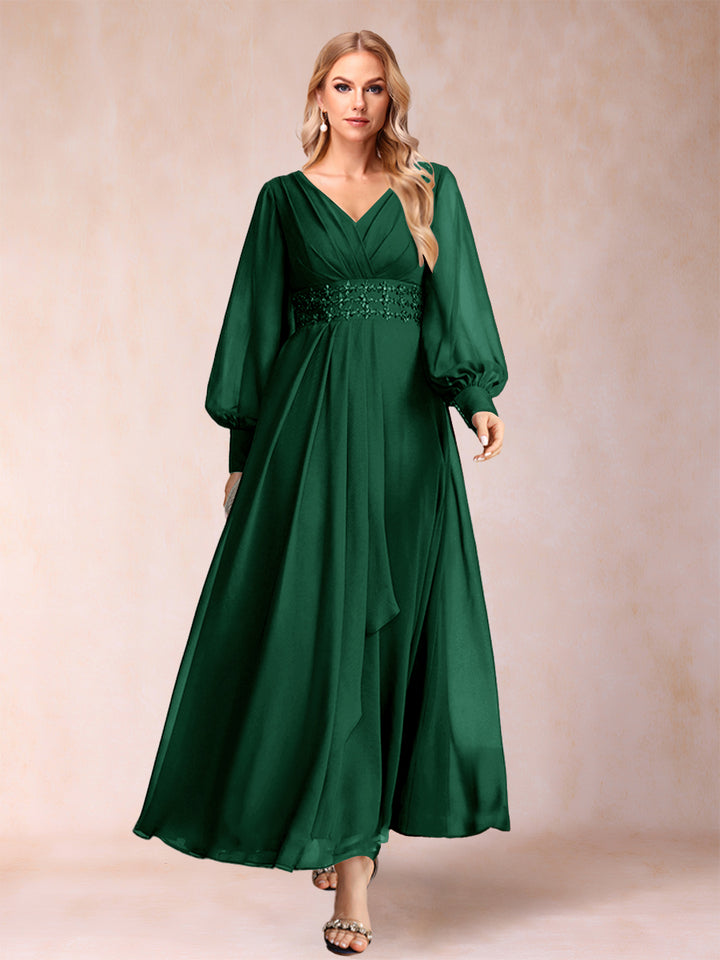 A-Line/Princess V-Neck Long Sleeves Mother of the Bride Dresses with Rhinestone &amp; Ruffles