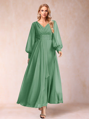 A-Line/Princess V-Neck Long Sleeves Mother of the Bride Dresses with Rhinestone & Ruffles