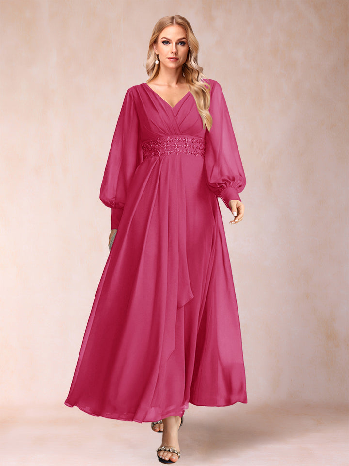 A-Line/Princess V-Neck Long Sleeves Mother of the Bride Dresses with Rhinestone &amp; Ruffles