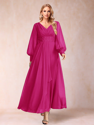 A-Line/Princess V-Neck Long Sleeves Mother of the Bride Dresses with Rhinestone & Ruffles