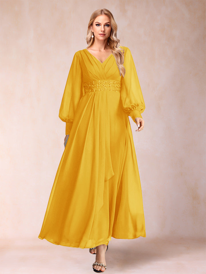 A-Line/Princess V-Neck Long Sleeves Mother of the Bride Dresses with Rhinestone &amp; Ruffles