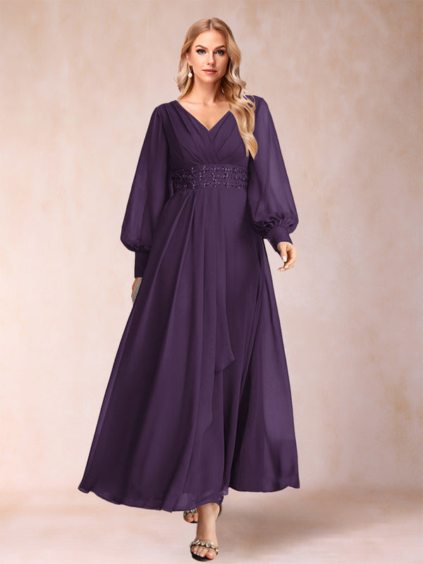 A-Line/Princess V-Neck Long Sleeves Mother of the Bride Dresses with Rhinestone & Ruffles