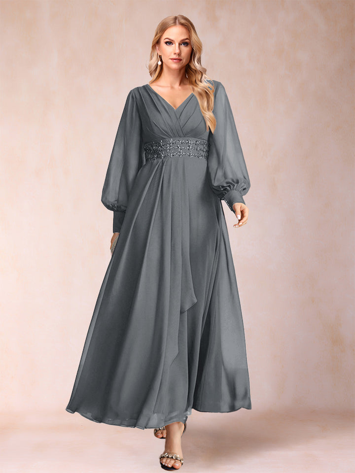A-Line/Princess V-Neck Long Sleeves Mother of the Bride Dresses with Rhinestone &amp; Ruffles