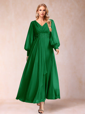 A-Line/Princess V-Neck Long Sleeves Mother of the Bride Dresses with Rhinestone & Ruffles