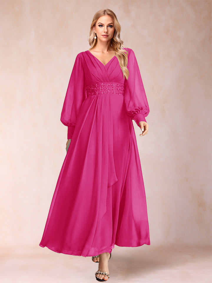 A-Line/Princess V-Neck Long Sleeves Mother of the Bride Dresses with Rhinestone &amp; Ruffles