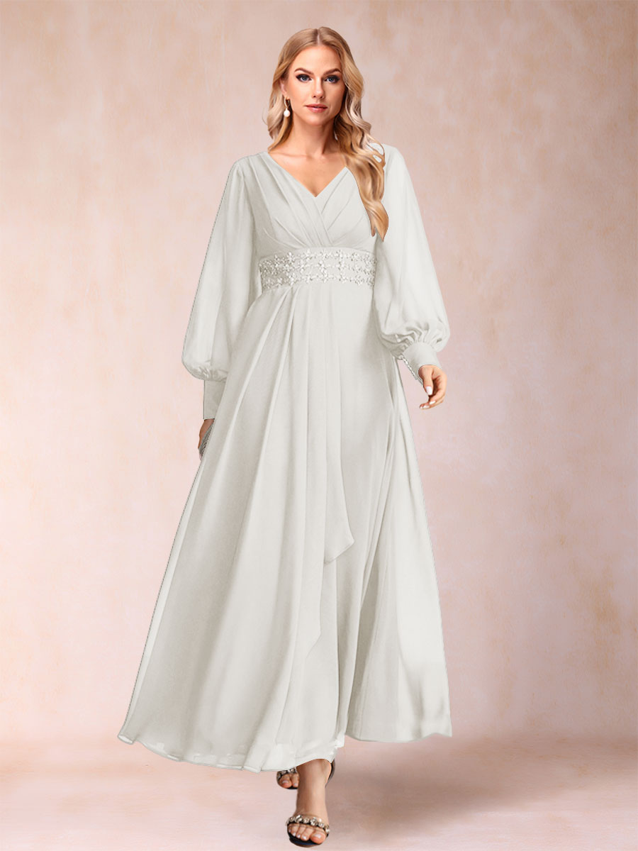 A-Line/Princess V-Neck Long Sleeves Mother of the Bride Dresses with Rhinestone &amp; Ruffles