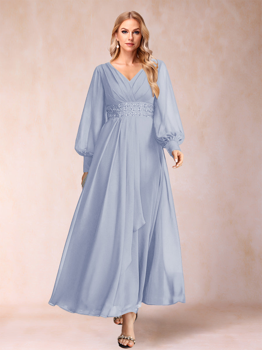 A-Line/Princess V-Neck Long Sleeves Mother of the Bride Dresses with Rhinestone &amp; Ruffles