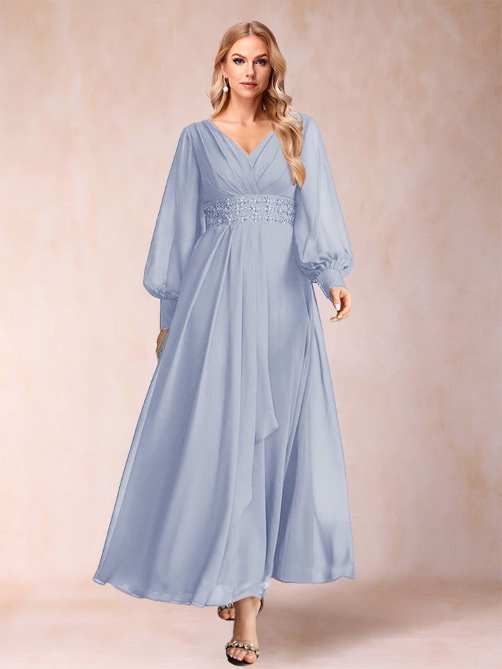 A-Line/Princess V-Neck Long Sleeves Mother of the Bride Dresses with Rhinestone &amp; Ruffles