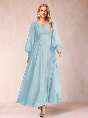 A-Line/Princess V-Neck Long Sleeves Mother of the Bride Dresses with Rhinestone & Ruffles