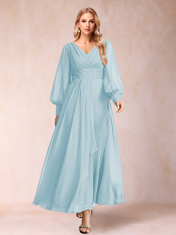 A-Line/Princess V-Neck Long Sleeves Mother of the Bride Dresses with Rhinestone & Ruffles