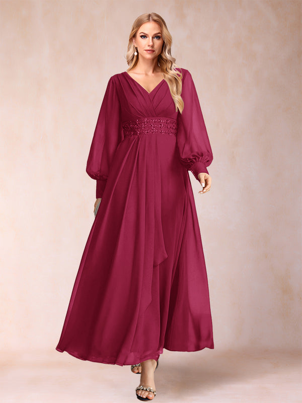 A-Line/Princess V-Neck Long Sleeves Mother of the Bride Dresses with Rhinestone & Ruffles