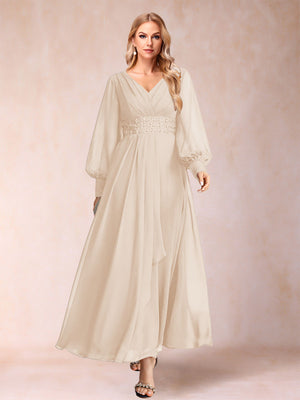 A-Line/Princess V-Neck Long Sleeves Mother of the Bride Dresses with Rhinestone & Ruffles