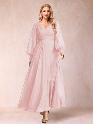A-Line/Princess V-Neck Long Sleeves Mother of the Bride Dresses with Rhinestone & Ruffles