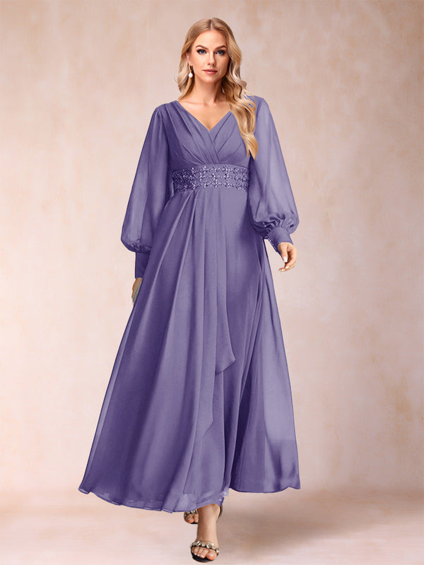 A-Line/Princess V-Neck Long Sleeves Mother of the Bride Dresses with Rhinestone & Ruffles