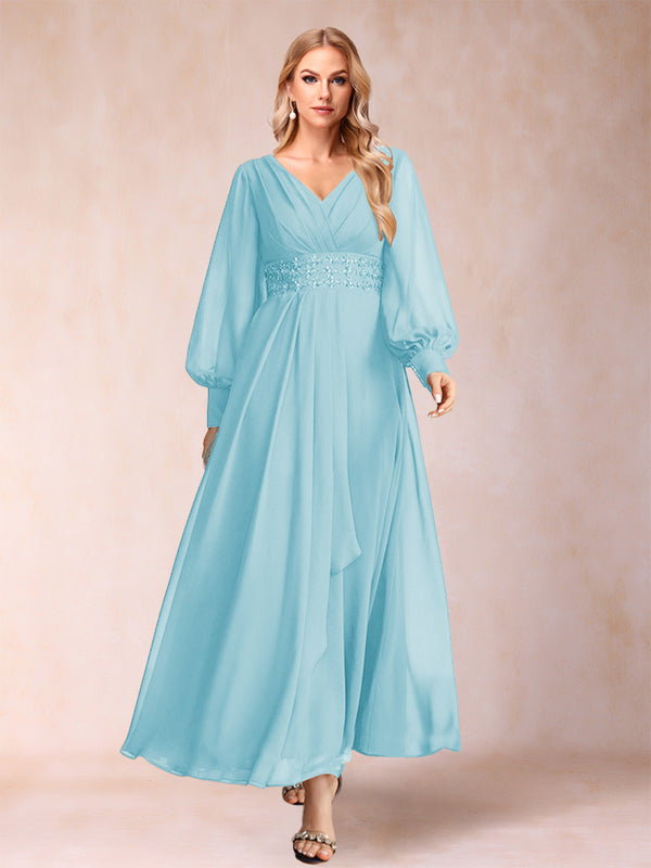 A-Line/Princess V-Neck Long Sleeves Mother of the Bride Dresses with Rhinestone & Ruffles