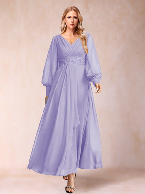 A-Line/Princess V-Neck Long Sleeves Mother of the Bride Dresses with Rhinestone & Ruffles