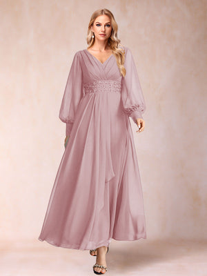 A-Line/Princess V-Neck Long Sleeves Mother of the Bride Dresses with Rhinestone & Ruffles