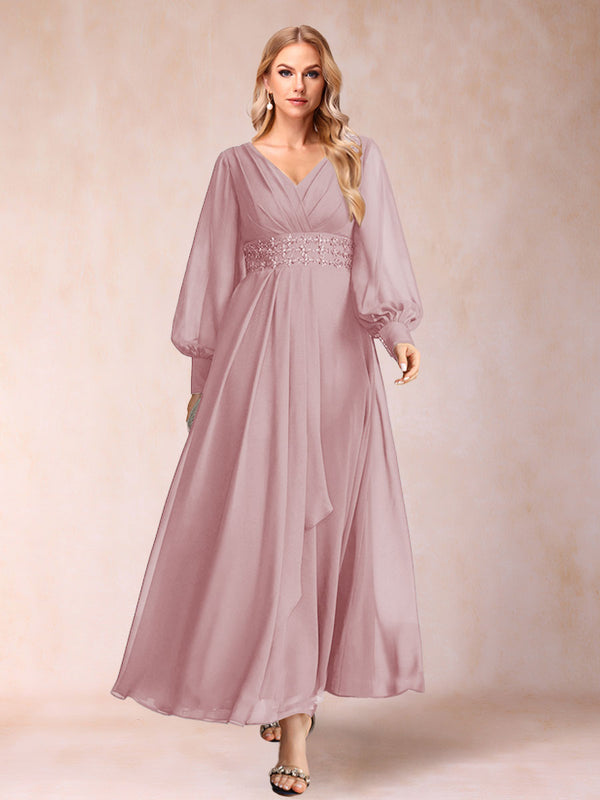 A-Line/Princess V-Neck Long Sleeves Mother of the Bride Dresses with Rhinestone & Ruffles
