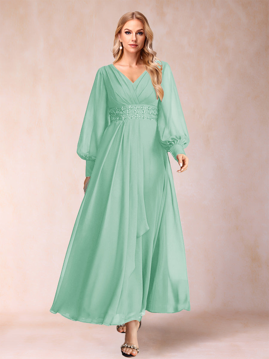 A-Line/Princess V-Neck Long Sleeves Mother of the Bride Dresses with Rhinestone &amp; Ruffles