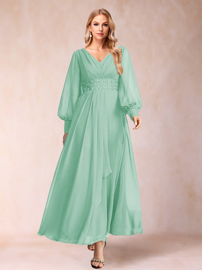 A-Line/Princess V-Neck Long Sleeves Mother of the Bride Dresses with Rhinestone & Ruffles