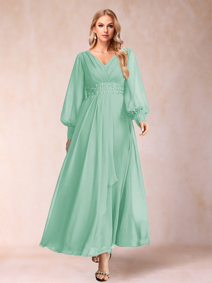 A-Line/Princess V-Neck Long Sleeves Mother of the Bride Dresses with Rhinestone &amp; Ruffles