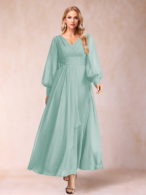 A-Line/Princess V-Neck Long Sleeves Mother of the Bride Dresses with Rhinestone & Ruffles