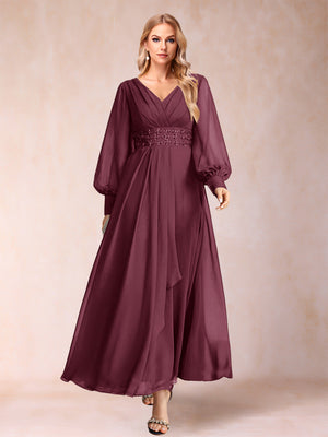 A-Line/Princess V-Neck Long Sleeves Mother of the Bride Dresses with Rhinestone & Ruffles