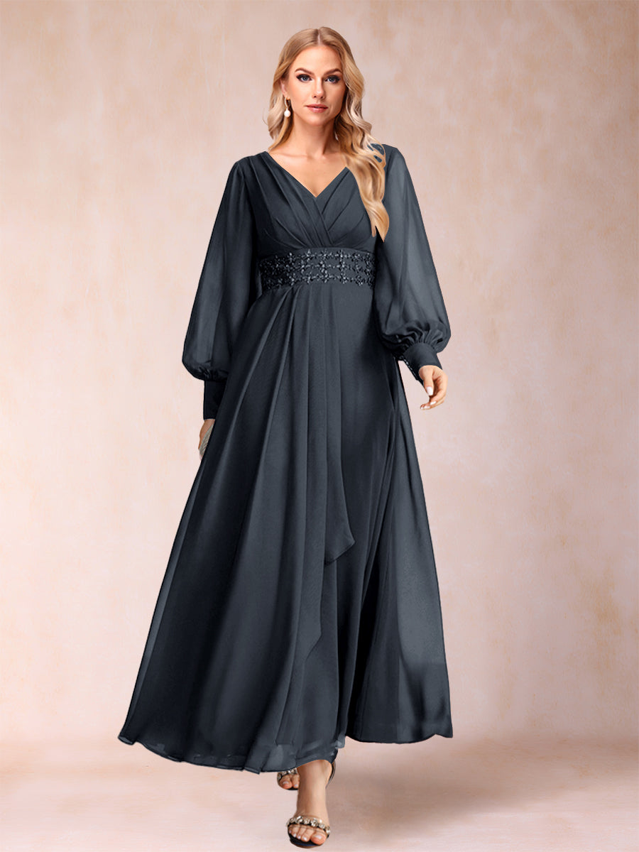 A-Line/Princess V-Neck Long Sleeves Mother of the Bride Dresses with Rhinestone &amp; Ruffles
