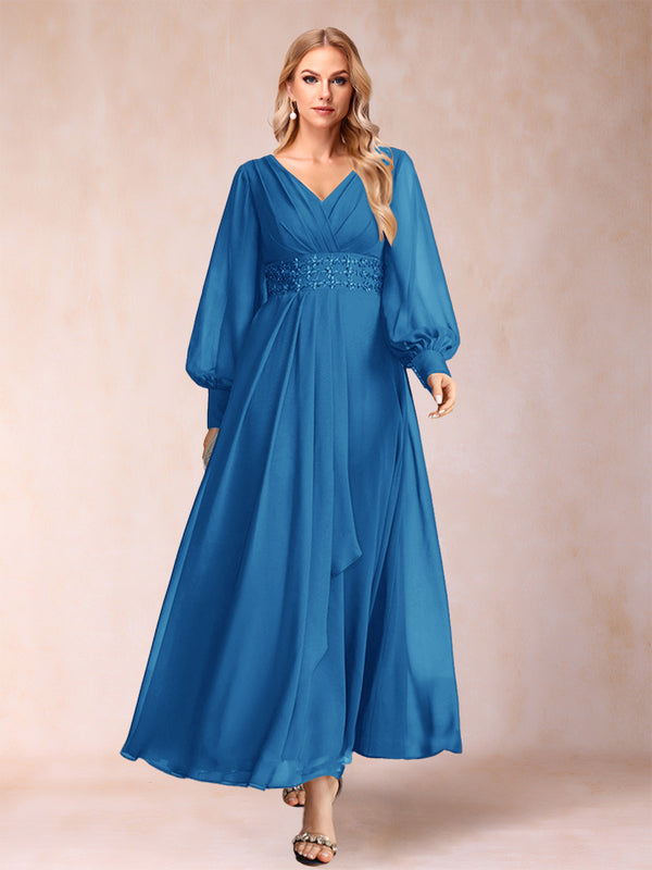 A-Line/Princess V-Neck Long Sleeves Mother of the Bride Dresses with Rhinestone & Ruffles
