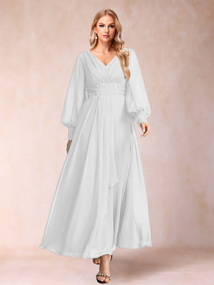 A-Line/Princess V-Neck Long Sleeves Mother of the Bride Dresses with Rhinestone & Ruffles