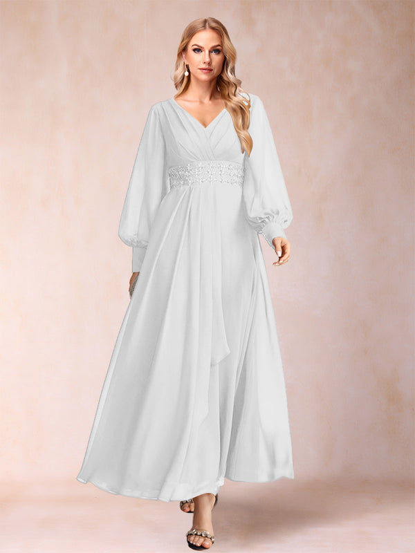 A-Line/Princess V-Neck Long Sleeves Mother of the Bride Dresses with Rhinestone & Ruffles