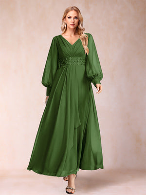 A-Line/Princess V-Neck Long Sleeves Mother of the Bride Dresses with Rhinestone & Ruffles