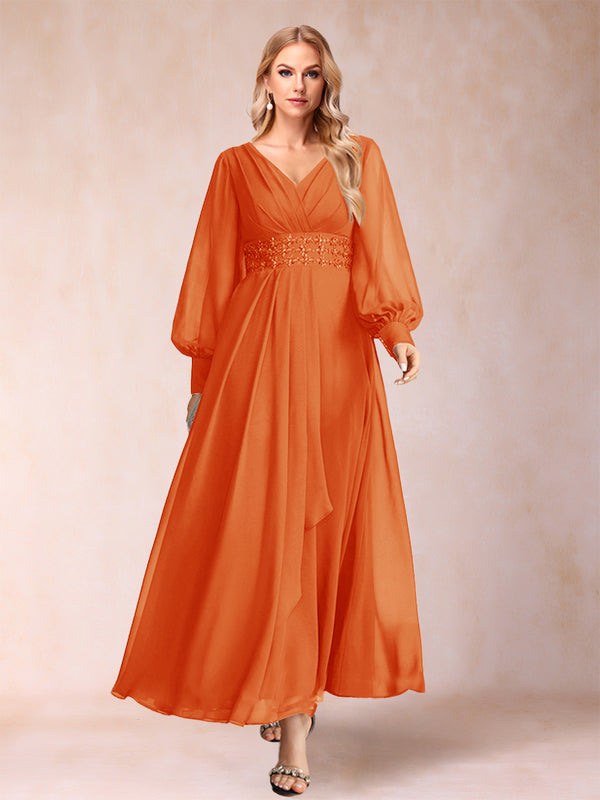 A-Line/Princess V-Neck Long Sleeves Mother of the Bride Dresses with Rhinestone & Ruffles