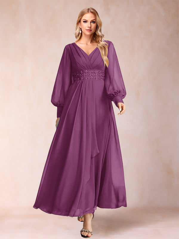 A-Line/Princess V-Neck Long Sleeves Mother of the Bride Dresses with Rhinestone & Ruffles