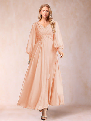 A-Line/Princess V-Neck Long Sleeves Mother of the Bride Dresses with Rhinestone & Ruffles