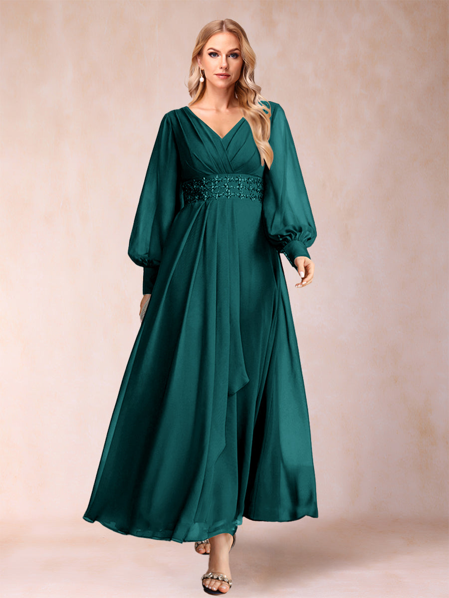 A-Line/Princess V-Neck Long Sleeves Mother of the Bride Dresses with Rhinestone &amp; Ruffles