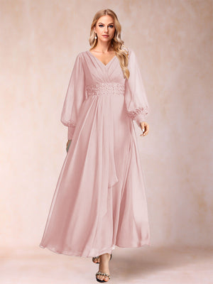 A-Line/Princess V-Neck Long Sleeves Mother of the Bride Dresses with Rhinestone & Ruffles