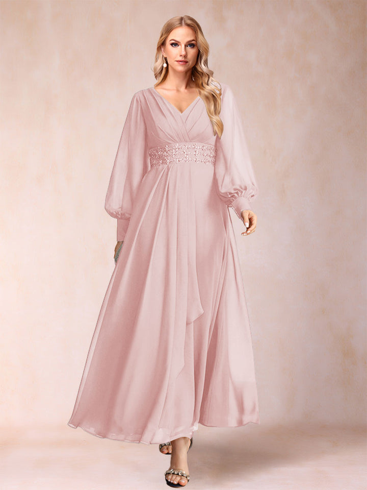 A-Line/Princess V-Neck Long Sleeves Mother of the Bride Dresses with Rhinestone &amp; Ruffles