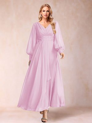 A-Line/Princess V-Neck Long Sleeves Mother of the Bride Dresses with Rhinestone & Ruffles