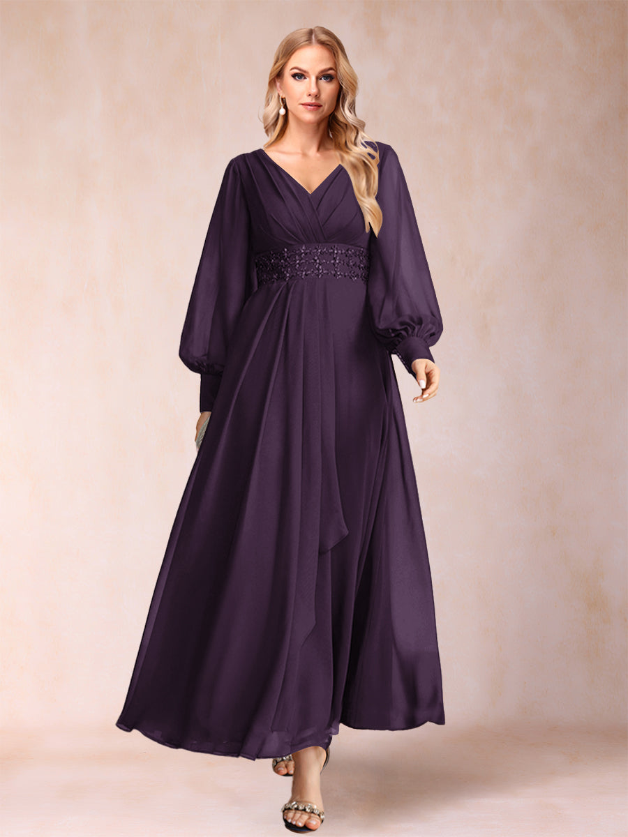 A-Line/Princess V-Neck Long Sleeves Mother of the Bride Dresses with Rhinestone &amp; Ruffles
