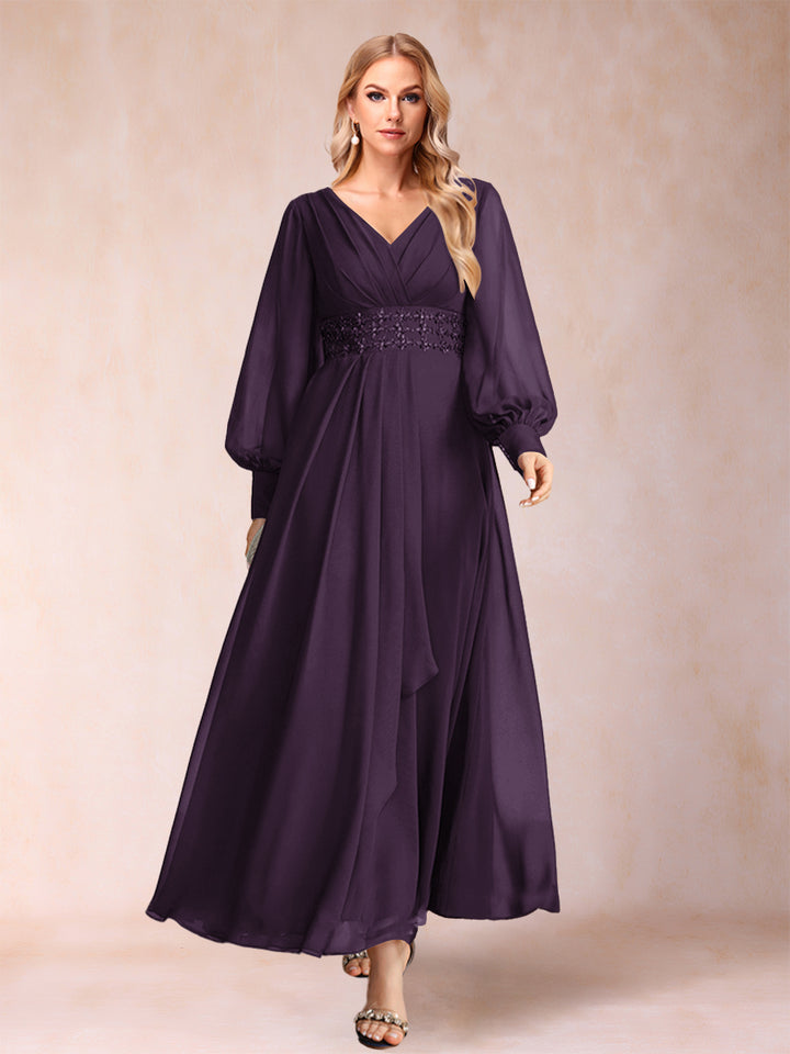 A-Line/Princess V-Neck Long Sleeves Mother of the Bride Dresses with Rhinestone &amp; Ruffles