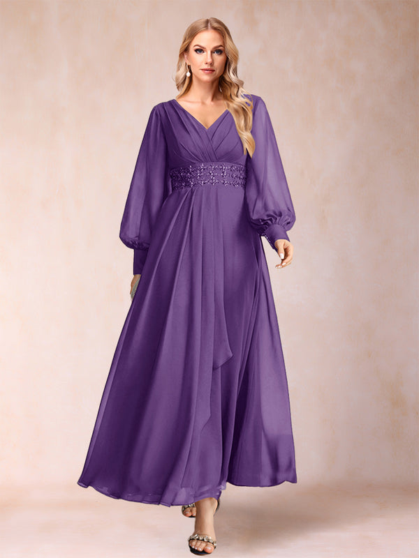 A-Line/Princess V-Neck Long Sleeves Mother of the Bride Dresses with Rhinestone & Ruffles