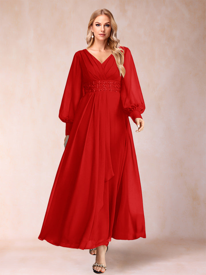 A-Line/Princess V-Neck Long Sleeves Mother of the Bride Dresses with Rhinestone &amp; Ruffles